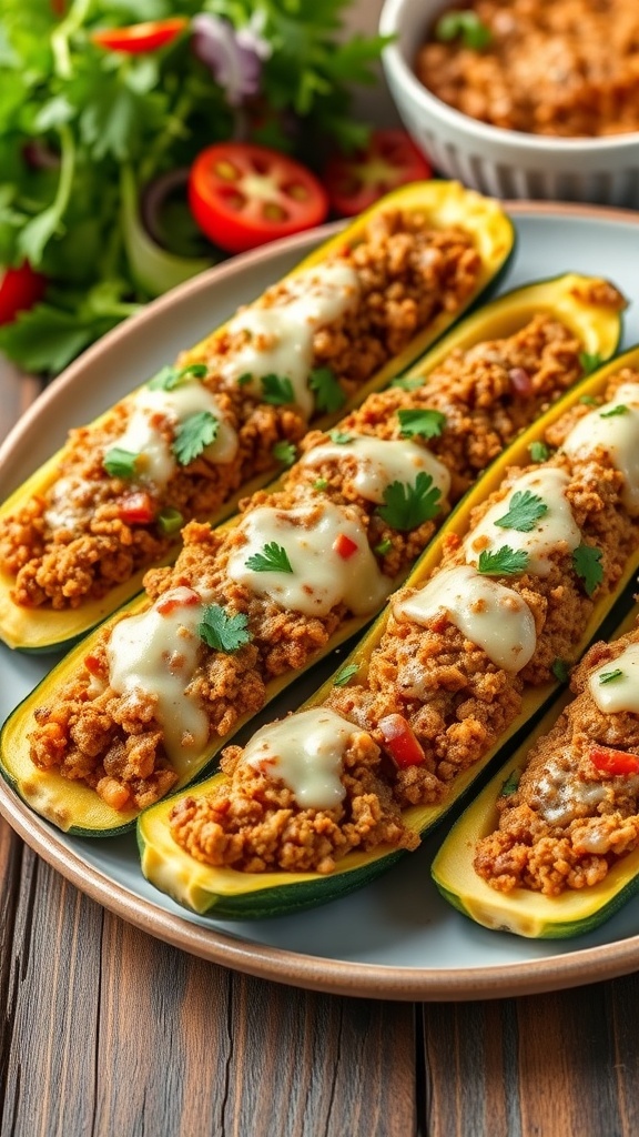 Stuffed zucchini boats filled with ground meat and cheese, garnished with parsley on a wooden table.
